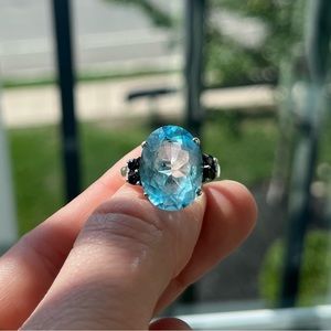 Aquamarine and Sapphire (?) Sterling Silver Ring